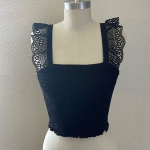 Black scrunched crop top with lace sleeves